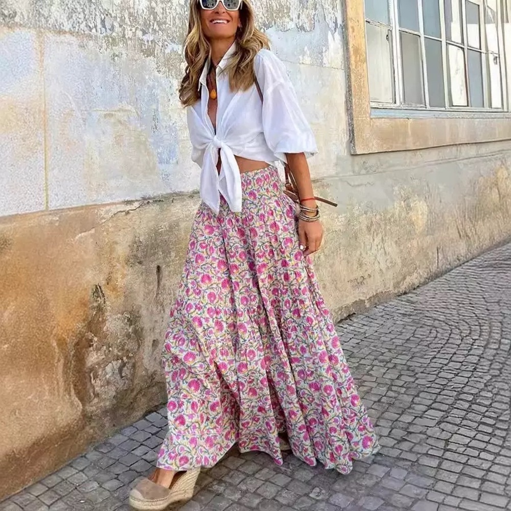 Zimmermann Boho Floral Maxi Skirt - Pink Floral Print
